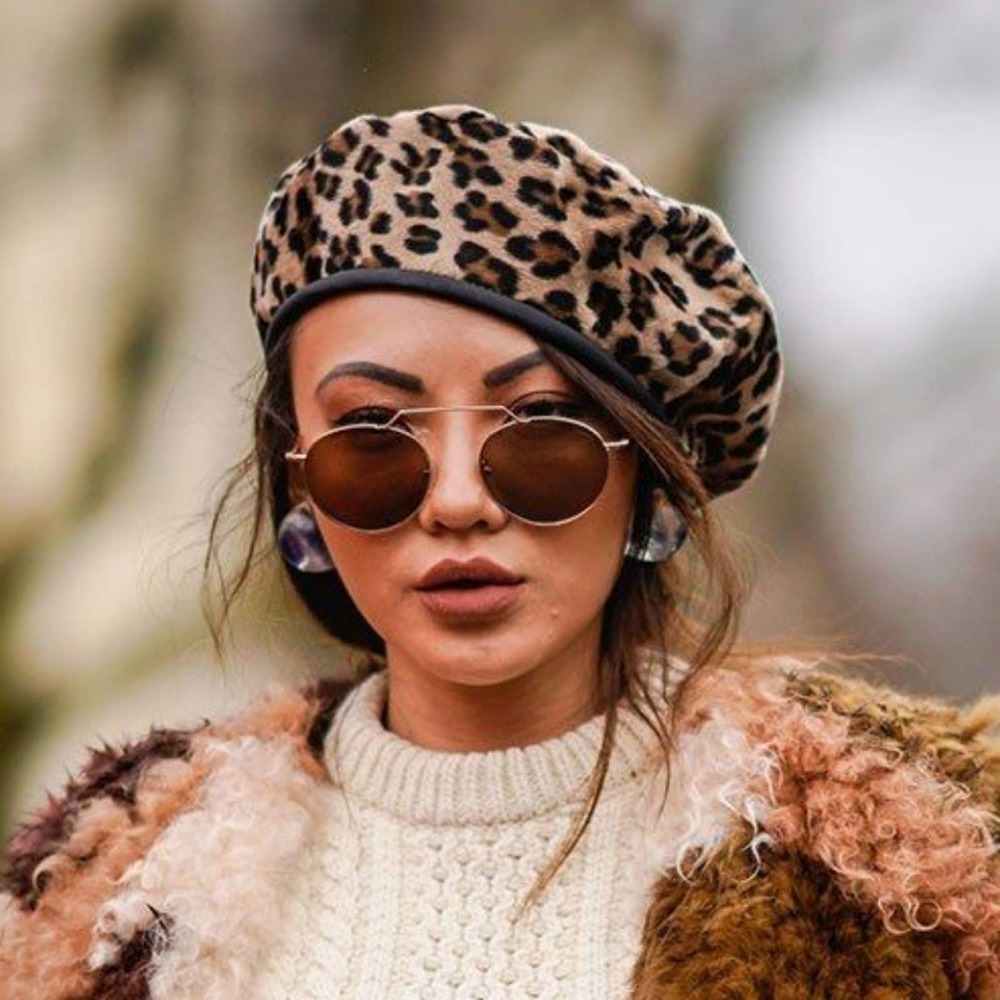 Leopard Beret Hat Tam Beanie Black Leather - Picture 1 of 9